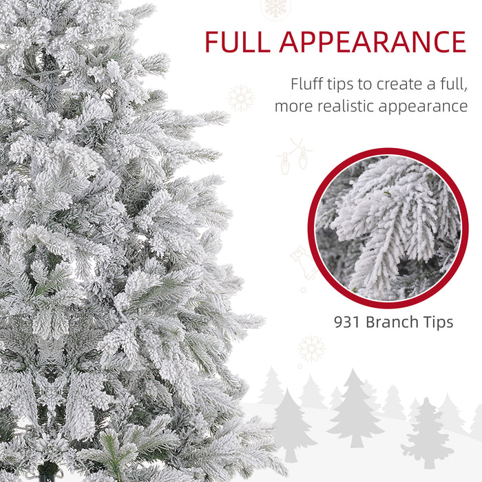 HOMCOM 5ft Prelit Snow Flocked Artificial Christmas Tree with Warm White LED Light and 931 Tips, Metal Base, Snowy Realistic Xmas Tree