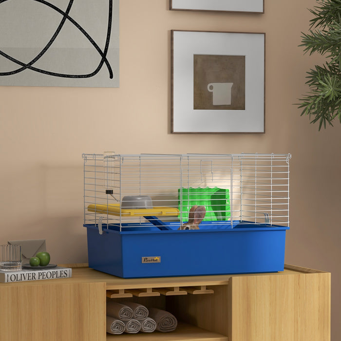 Small Animal Habitat for Chinchillas, Guinea Pigs, and Rabbits - Sturdy Pet Cage with Platform and Ramp, 71x46x47 cm, Vibrant Blue - Ideal Playhouse for Your Furry Friends