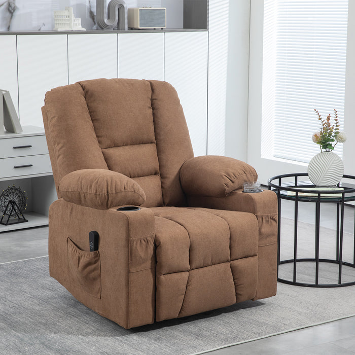 Extra Large Lift Recliner Chair with Remote - Fabric Upholstered, Side Pockets, Cup Holder for Living Room Comfort - Ideal for Elderly, Mobility Assistance Brown Chair