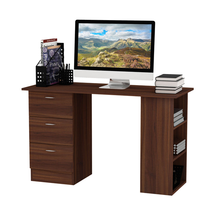 120cm Walnut Computer Desk - Writing Table with PC Workstation, Study Stationery, 3 Shelves & Drawers - Perfect for Home Office Organization