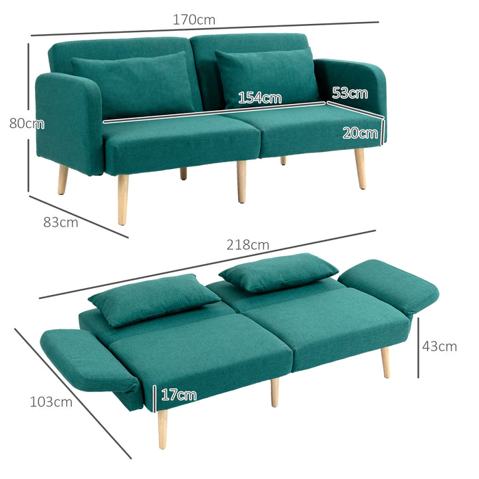 Convertible 2/3-Seater Sofa Bed in Green - Fabric Couch with Pull-Out Bed Settee and 2 Cushions - Ideal for Living Room or Guest Room Comfort