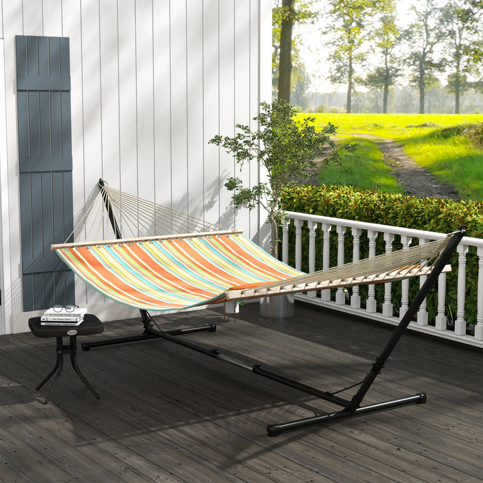 Double Cotton Outdoor Garden Hammock with Stand - Adjustable Steel Frame Swing Hanging Bed with Pillow, Red Stripes - Perfect for Patio, Garden, Beach Relaxation