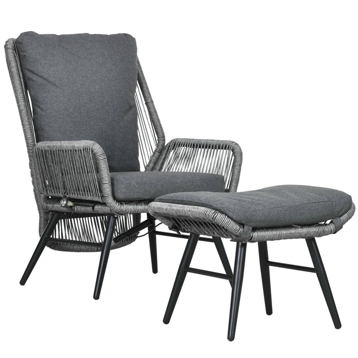 Outdoor PE Rattan Recliner Set - 2-Piece Patio Lounge Chair with Adjustable Backrest and Footrest, Grey Cushions - Comfortable Seating for Garden and Poolside Relaxation