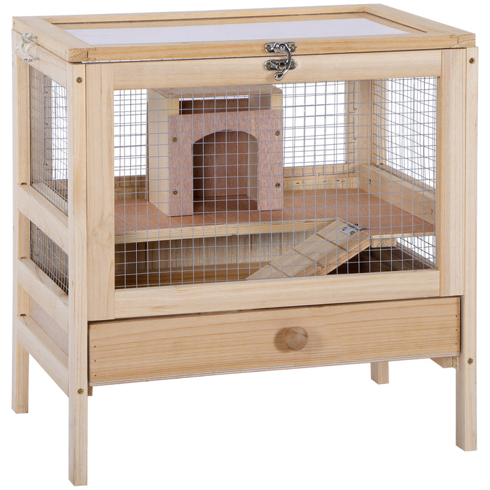 Large Wooden Double-Layer Hamster Cage - Rodent Mouse Small Animal Home with Easy Clean Hut Box - Spacious 46x34x48cm Living Space for Pet Comfort