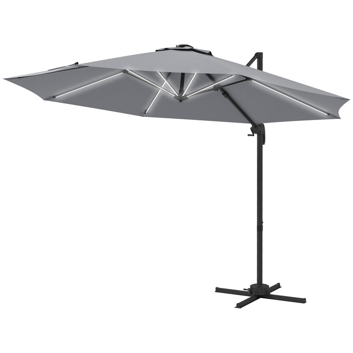 Adjustable 3m Cantilever Parasol with Stand - Solar-Powered LED Lighting, Light Grey Canopy - Ideal for Outdoor Patio and Garden Shade