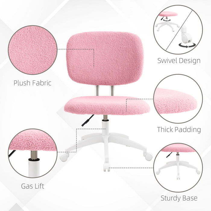 Cute Pink Vanity Task Chair - Armless, Adjustable Height & Swivel Wheels, Mid-Back Design - Ideal for Office & Home Workspaces