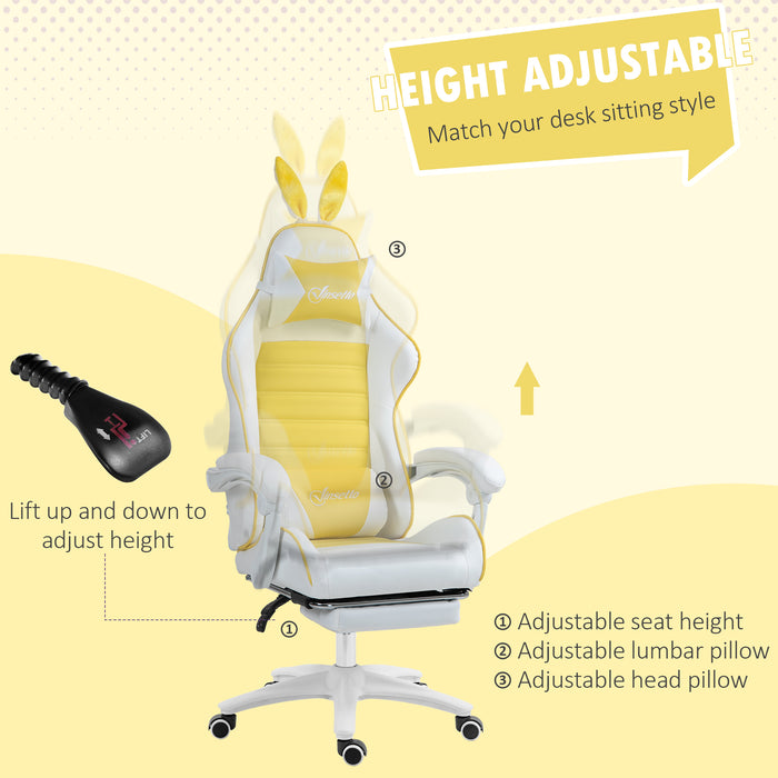 Racing Style Gaming Chair with Removable Rabbit Ears - PU Leather Adjustable Recliner, Footrest, Lumbar & Headrest Support, in Vibrant Yellow - Comfort for Gamers and Home Office Use