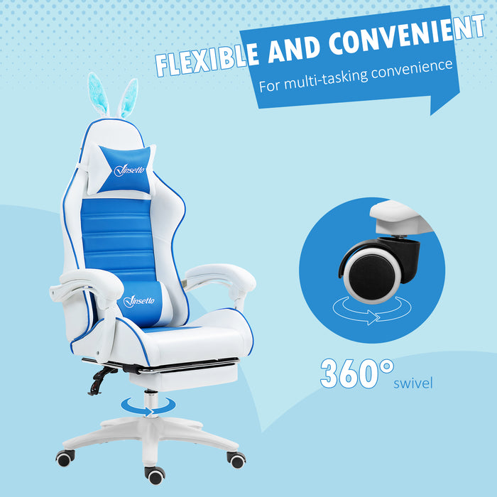 Racing Gaming Chair with Removable Rabbit Ears - Reclining PU Leather Computer Chair with Footrest & Lumbar Support, Vibrant Blue - Ideal for Gamers & Comfort-Seeking Professionals