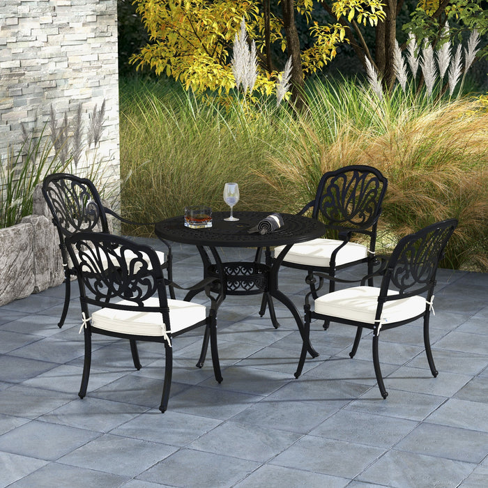 Cast Aluminium 4-Seater Outdoor Dining Set - Comfortable Cushioned Chairs with Parasol Hole - Ideal for Patio & Garden Entertaining