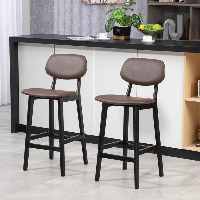 Modern Breakfast Bar Chairs Set of 2 - Faux Leather Upholstered Stools with Wood Legs and Back Support - Ideal for Kitchen Islands and Home Bars, Brown