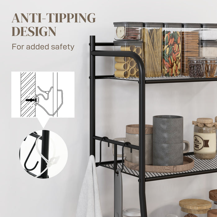 5-Tier Kitchen Storage Rack - Microwave Stand with Open Mesh Shelves & Bonus Hooks - Versatile Coffee Bar Station for Living Room, Steel Frame, Black