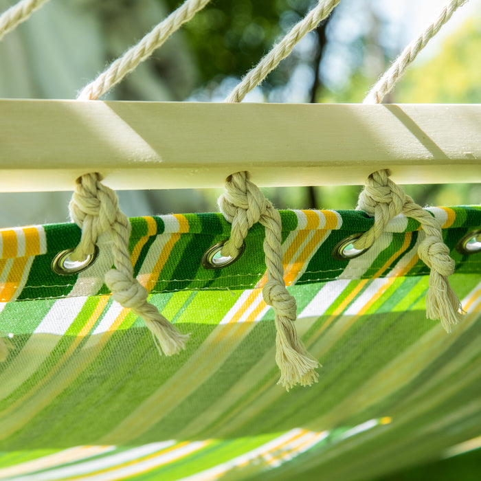 Double Cotton Outdoor Garden Hammock with Stand - Adjustable Steel Frame Swing Bed with Pillow, Green Stripes - Perfect for Patio, Beach, Relaxation and Comfort