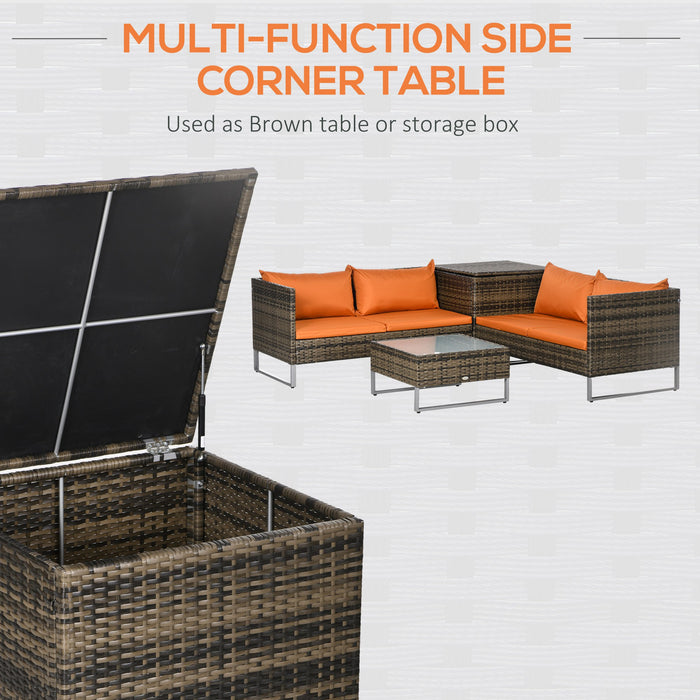 Outdoor Rattan Wicker Patio Set - 4 PCs Corner Sofa, Love Seat & Table with Storage - Cozy Orange Cushions for Garden Lounging