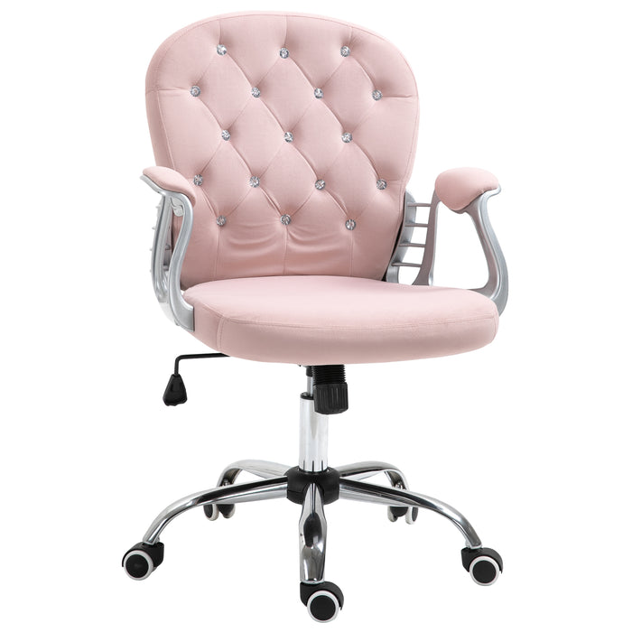 Ergonomic 360° Swivel Office Chair - Diamante Tufted Velour with Padded Base & 5 Castor Wheels in Pink - Perfect for Home Office Comfort & Style