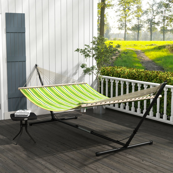 Double Cotton Outdoor Garden Hammock with Stand - Adjustable Steel Frame Swing Bed with Pillow, Green Stripes - Perfect for Patio, Beach, Relaxation and Comfort