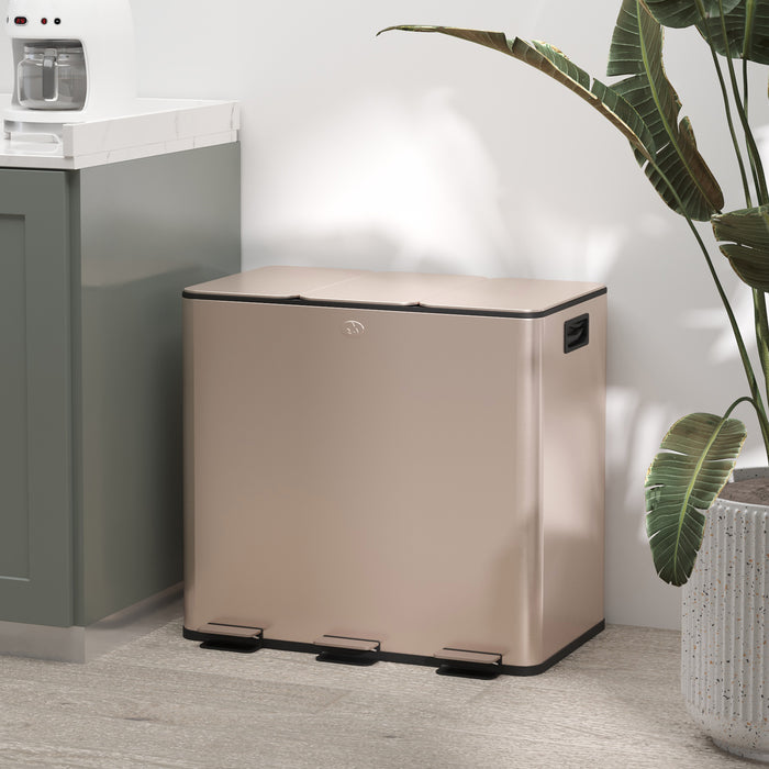 Steel Triple Pedal Bin, 15L Compartments - Soft Close Lid, Removable Buckets, Fingerprint-Proof Finish in Luxurious Gold Tone - Ideal for Recycling & Waste Management in Kitchens