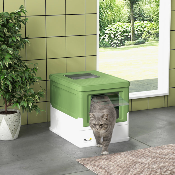 Portable Hooded Cat Litter Box with Scoop - Lime Green Front Entry Pet Toilet - Ideal for Indoor Cat Privacy and Odor Control