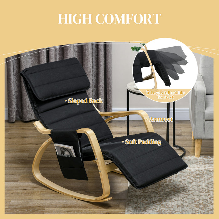 Rocking Recliner Lounger - Adjustable Footrest, Side Pocket, Pillow, Comfortable Black Seat - Ideal for Relaxation & Stress Relief