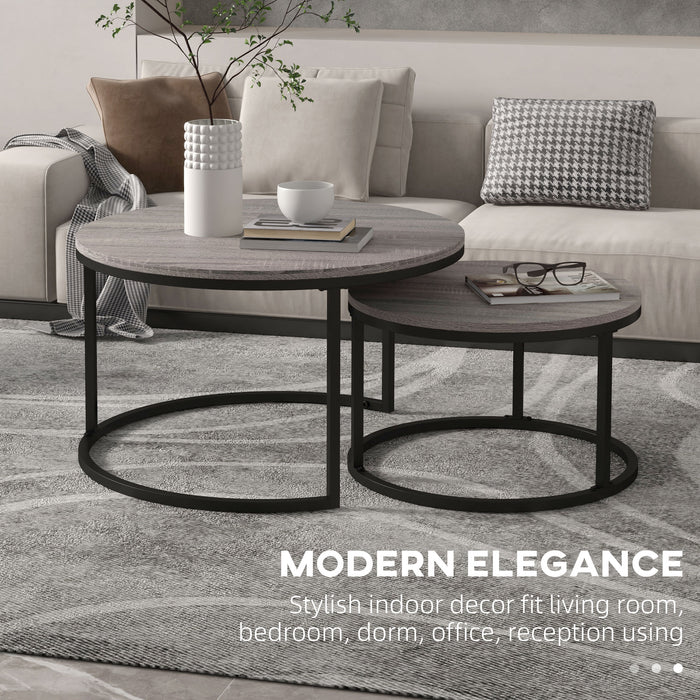 Industrial Nesting Coffee Table Duo - Wood Effect Top with Sturdy Steel Frame, Round Accent Tables - Ideal for Living Room Space Saving & Decor