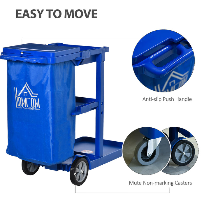 Janitorial Cleaning Cart with Wheels - 3-Tier Utility Trolley with Trash Bag and Mop Holder, Blue - Ideal for Hotel & Office Housekeeping