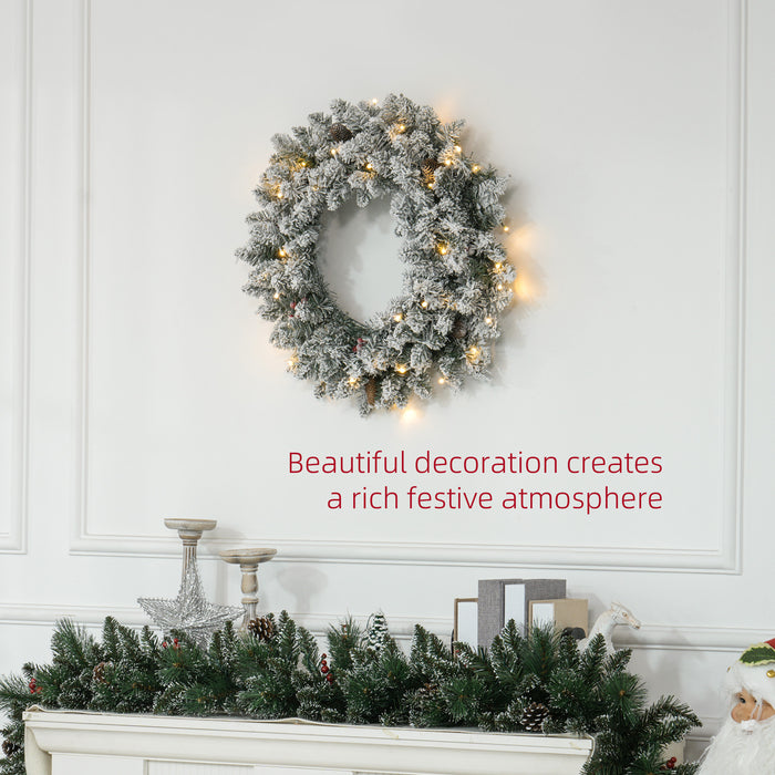 Pre-Lit 60cm Festive Christmas Wreath with LED Lights - Pine Cones & Red Berries Decor, Flocked for Window/Wall - Ideal for Front Door & Winter Holiday Ambiance