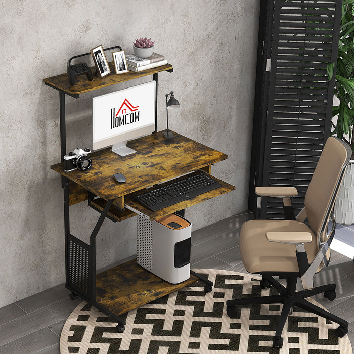 Industrial-Style Mobile Workstation - Computer Desk with Keyboard Tray and Storage Shelves on Wheels - Space-Saving Rolling Study Table for Home Office Users