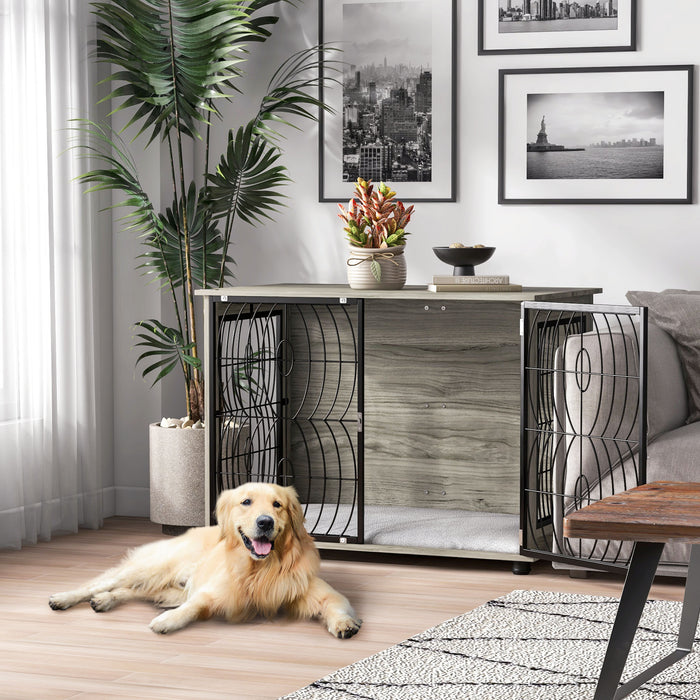 Indoor Dog Crate End Table with Plush Cushion - 37" Lockable Wooden Kennel for Large Dogs - Stylish Pet-Friendly Furniture with Washable Bed Pad