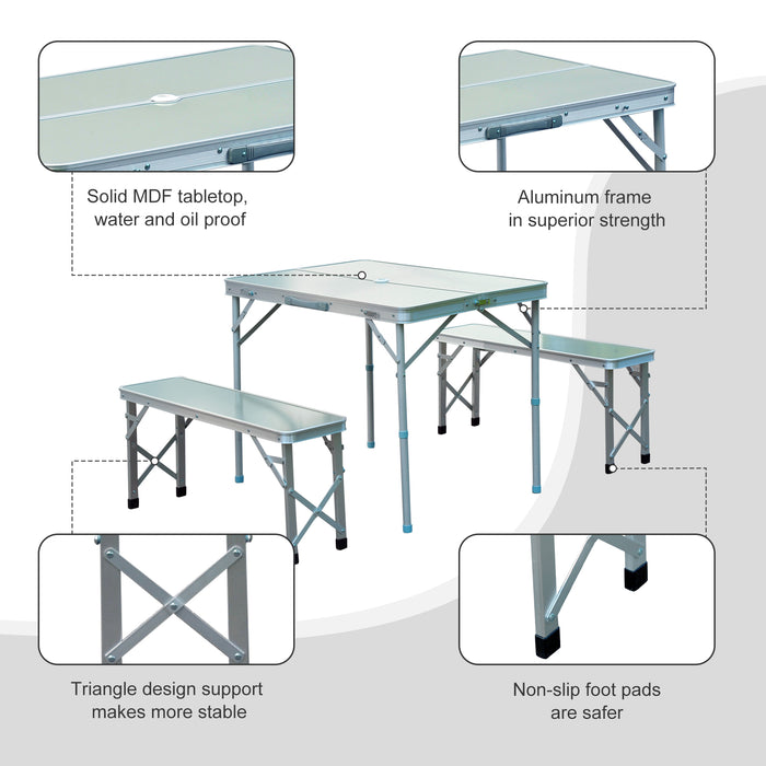 3pc Aluminum Picnic Table Bench Combo - Foldable & Portable Outdoor Seating for Garden BBQ & Patio Parties - Ideal for Camping and Tailgating Events