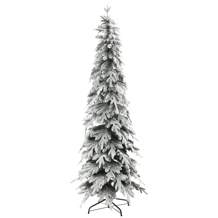 7ft Pencil Snow Flocked Artificial Christmas Tree - Downswept Branches with 800 Tips, Auto Open, Sturdy Steel Base - Elegant Holiday Decor for Home and Office