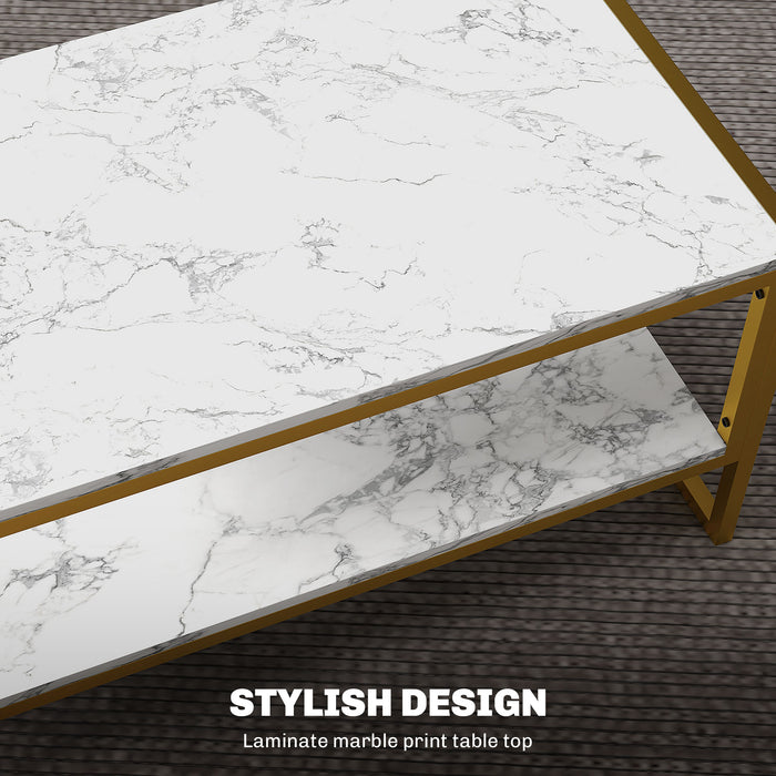 Modern Marble-Effect Two-Tier Coffee Table - Center Table with Storage Shelf, Sturdy Metal Frame - Elegant Furniture for Living Room Storage and Style