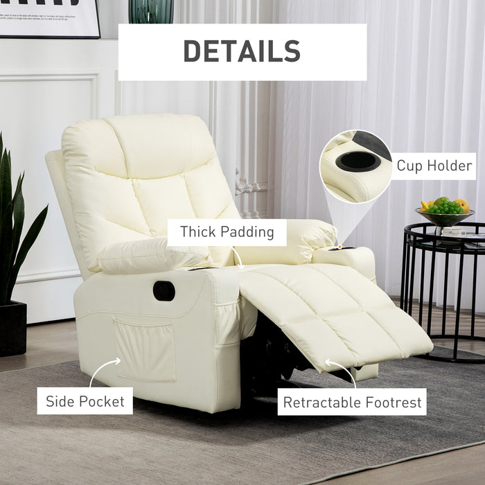 Manual Swivel Recliner Armchair - Comfortable Faux Leather with Footrest and Cup Holders - Ideal for Relaxation and Lounging, Cream, 86x93x102cm