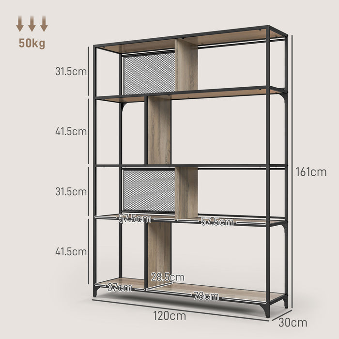 Industrial 5-Tier Bookshelf with Sliding Mesh Doors - Metal and Grey Wood Grain Storage Shelving Unit - Ideal for Living Room, Study, Bedroom Organization