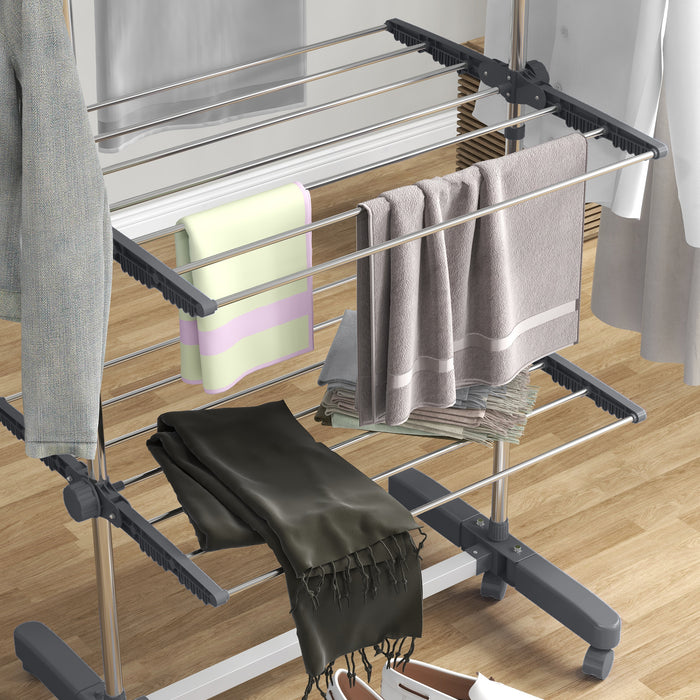 4-Tier Clothes Airer with Wheels and Wings - Foldable, Stainless Steel Indoor/Outdoor Clothes Drying Rack - Space-Saving Design for Easy Laundry Management