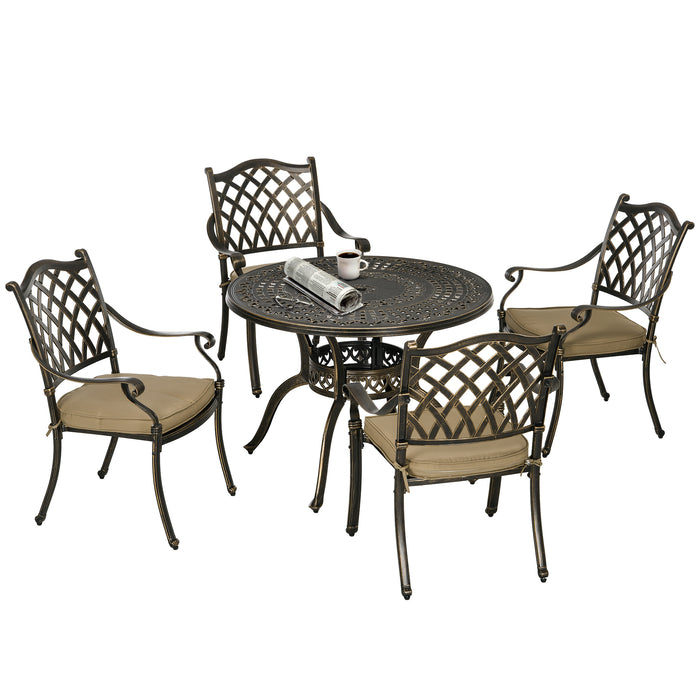 4-Seater Cast Aluminium Patio Dining Set - Antique Bronze Garden Table & Chairs with Cushions and Umbrella Hole - Elegant Outdoor Meal Space for Families