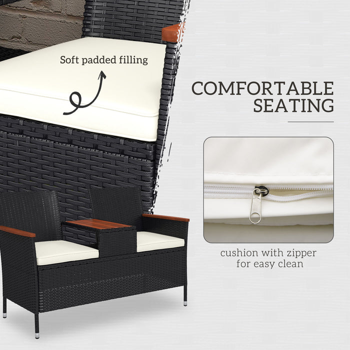 Rattan Two-Seater Loveseat with Integrated Wood-Top Table - Elegant Black Finish - Perfect for Couples or Small Patios