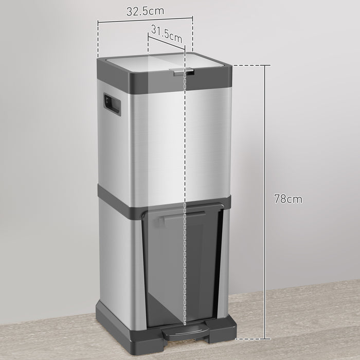 Dual Compartment Kitchen Trash Can - 20+14L Recycling and Waste Stainless Steel Bin, Vertical Pedal Operation with Tilt-Out Design - Soft-Close Lid, Detachable Inner Buckets, Easy Carry Handles for Home Use