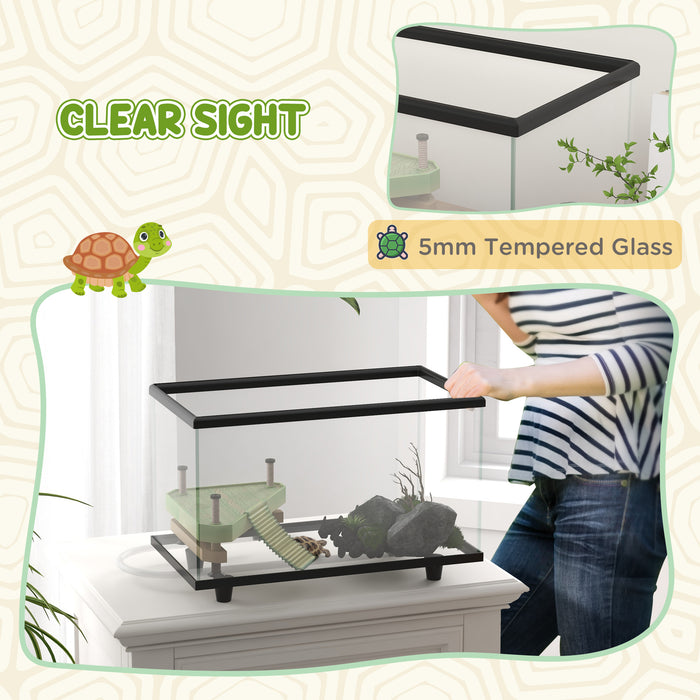 28L Glass Turtle Tank with Basking Area - Easy Drain System & Built-In Thermometer - Ideal Habitat for Aquatic Reptiles