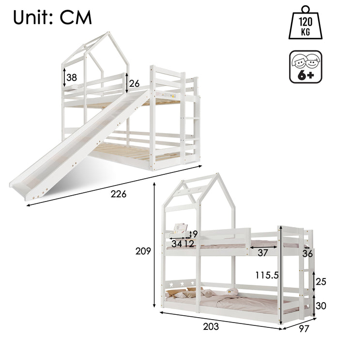 Treehouse Bunk Bed with Slide and Ladder - Swing and Slide Set in Pine Wood and MDF, 90x190 cm, EN 747 Certified - Ideal for Kids' Adventure-Themed Bedrooms