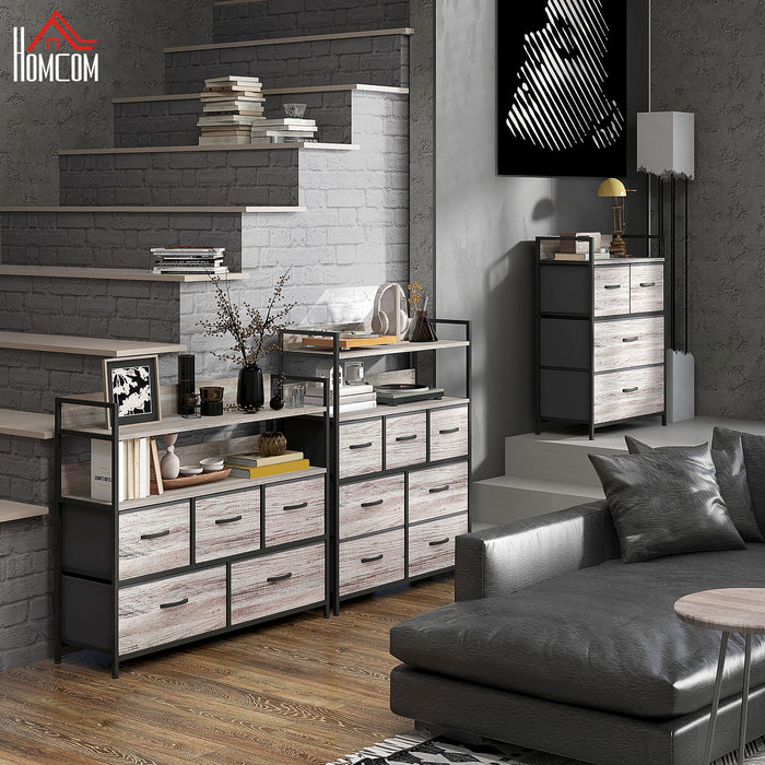 Rustic-Styled Chest with 5 Fabric Drawers - Grey Wood Grain Finish - Ideal Storage Solution for Cozy Home Decor