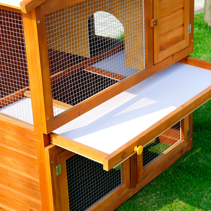 2-Tier Wooden Rabbit Hutch with Run Ramp - Spacious Guinea Pig & Ferret Cage Coop with Sliding Tray, 94x97x61cm - Ideal Pet Shelter for Bunnies and Small Animals