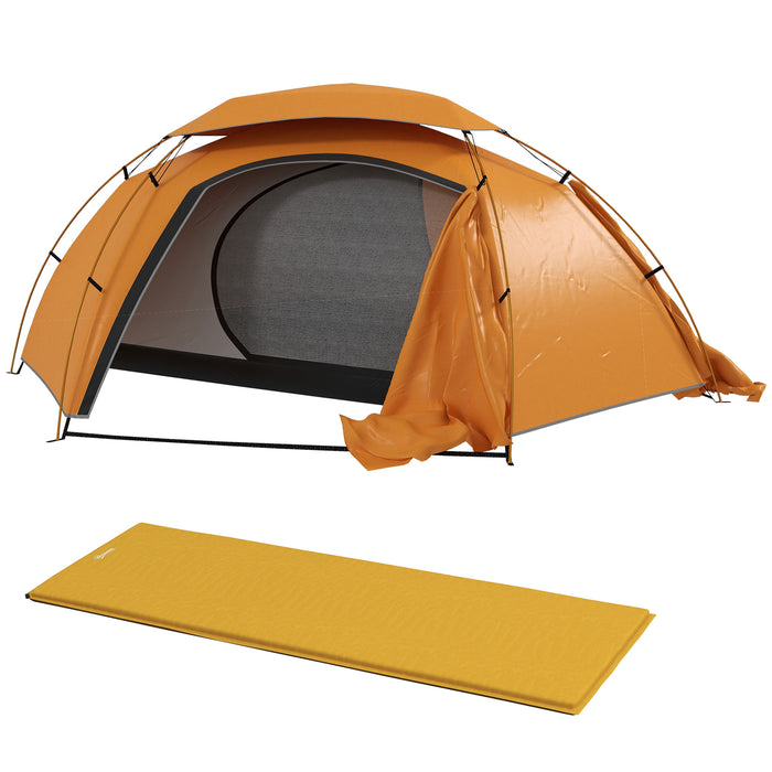 Outsunny Camping Tent with Self Inflatable Mattress, 1 Person Dome Tent with Removable Rainfly and Aluminium Frame, 2000mm Waterproof, Portable with Bags, for Fishing Hiking, Orange/Khaki