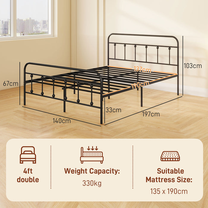 Double Platform Bed Frame with Tall Headboard and Underbed Storage - 4ft Steel Slat Support, No Box Spring Required - Ideal for Easy Assembly and Space-Saving