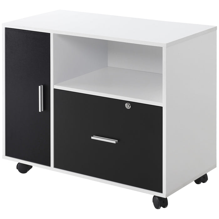 Locking Drawer Filing Cabinet - Mobile Storage Solution with Wheels and Shelf, A4/Letter File Organizer - Secure Printer Stand for Home Office, Black and White