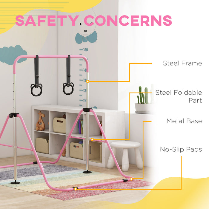 Foldable Children's Gymnastics Bar with Adjustable Height - Non-Slip Mats Included, Safe & Durable - Ideal for Young Gymnasts Aged 3+ Years in Pink