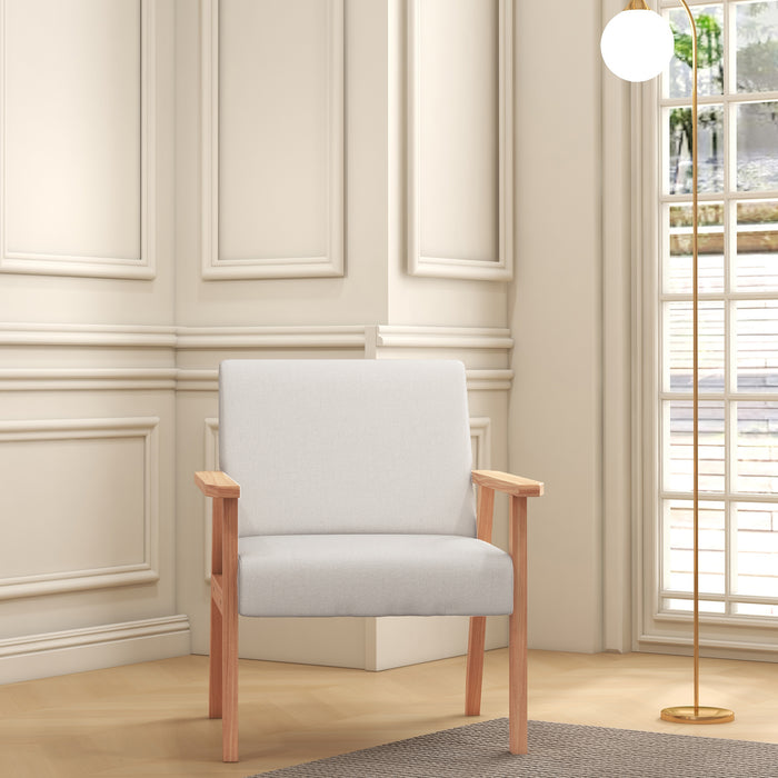 Thick Linen-Cushioned Accent Chair with Wood Frame - Wide Seat Armchair in Cream White, Ideal for Bedroom & Office Furniture - Comfortable Seating for Home Spaces