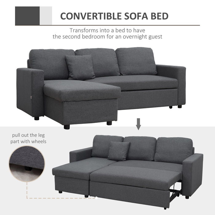 Convertible L-Shape Corner Sofa Bed with Storage - 3-Seater Dark Grey Pull-Out Couch with Reversible Chaise Lounge - Space-Saving Furniture for Living Rooms