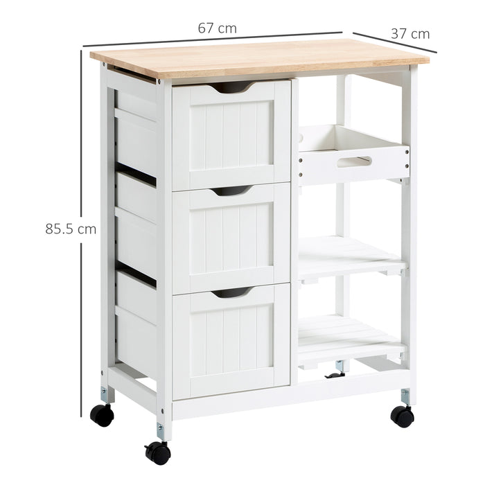 Compact Rolling Kitchen Island - Wood Top Trolley with Shelves & Drawers, Wheeled Serving Cart - Space-Saving Storage Solution for Home Dining Areas