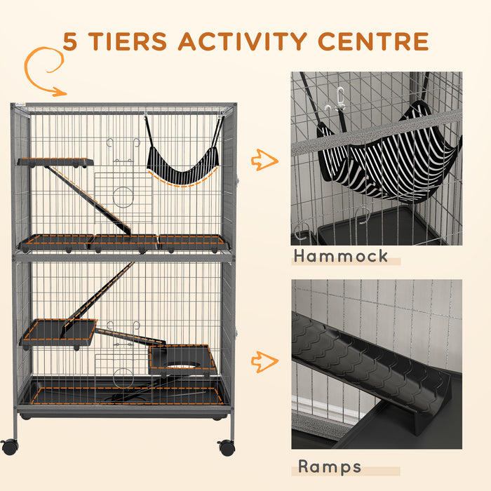 Chinchilla & Ferret Mobile Home - Small Animal Cage with Hammock & Wheels, Removable Tray in Silver Grey - Ideal for Kitten Care and Easy Mobility