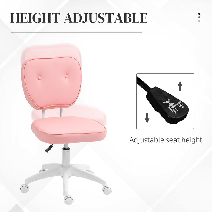 Vanity Office Chair - PU Leather Armless Computer Chair with Adjustable Height and Swivel Wheels - Perfect for Home Office Comfort in Pink