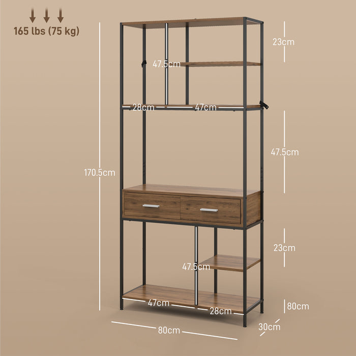 Industrial Style 7-Shelf Display Unit with Storage Drawers - Sturdy Brown/Black Organizer - Ideal for Showcasing and Decluttering Home or Office